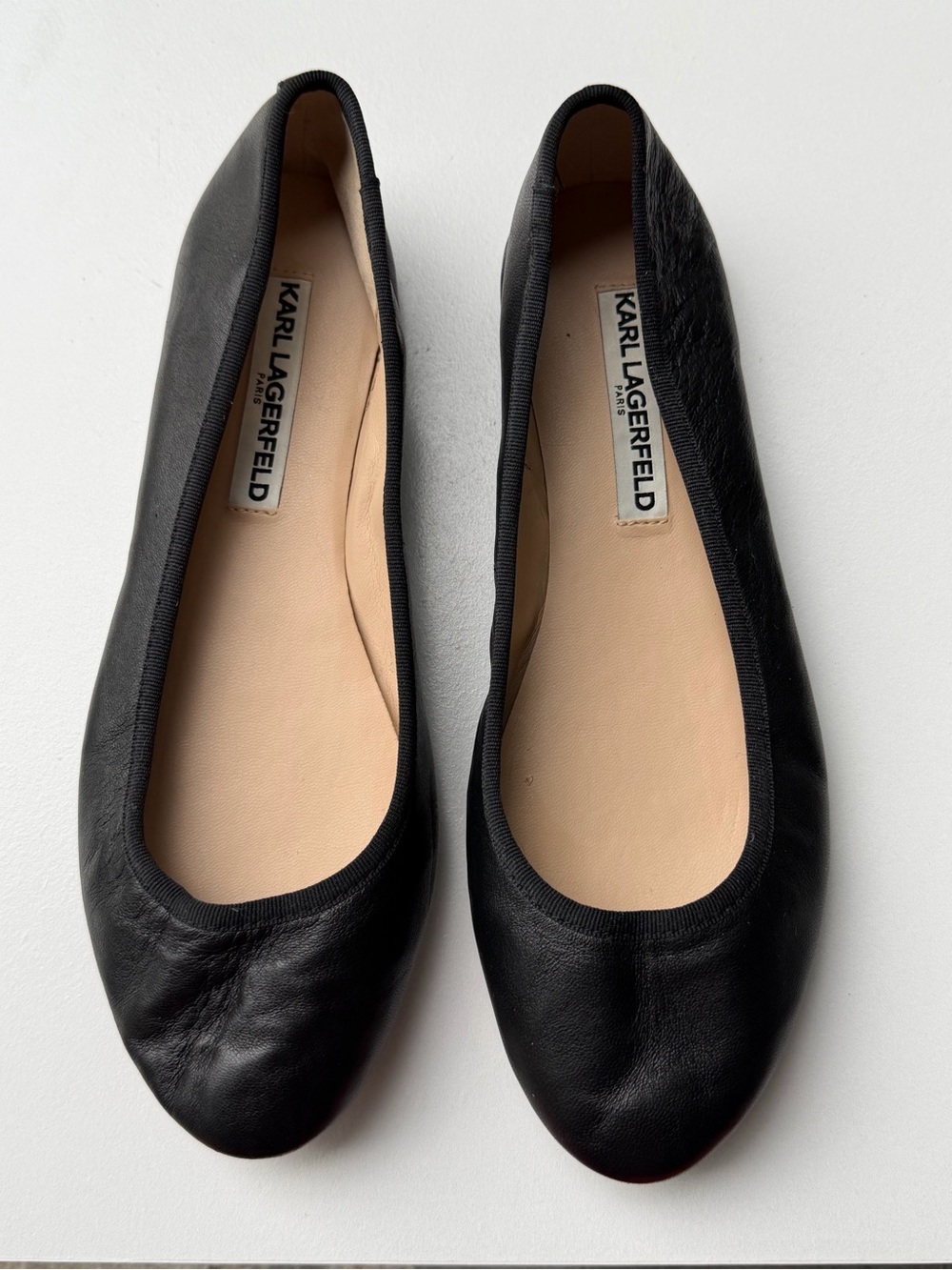 Karl Lagerfeld Black Leather Round-Toe Ballet Flats